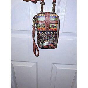 SAKROOTS Wristlet Crossbody Wallet Coated Canvas Multicolor Print Bifold Zip